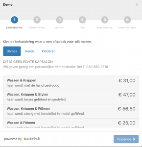 Salonhub online afspraak widget stap 1 eerst behandeling