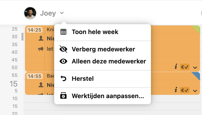 Menu bij een medewerker in de agenda van Salonhub met Werktijden aanpassen