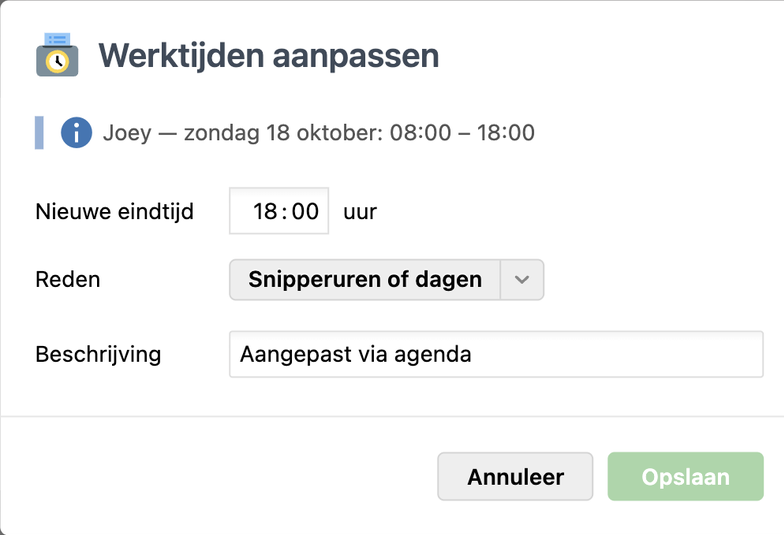 Werktijden aanpassen in de agenda van Salonhub: nieuwe eindtijd, reden en beschrijving